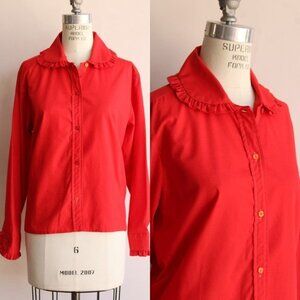 Vintage 1970s Blouse, Lady Marlboro Red Button Up Shirt with Ruffled Collar